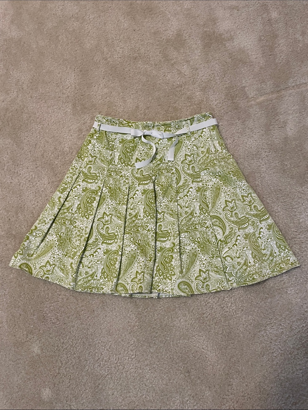 J. Crew Light Green Paisley Pleated Skater Skirt with White Waist Tie